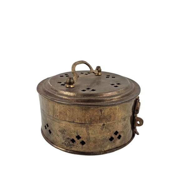 Vintage Round Cricket Keeper Box Trinket Potpourri Brass Handle Latch Lock - Picture 10 of 10